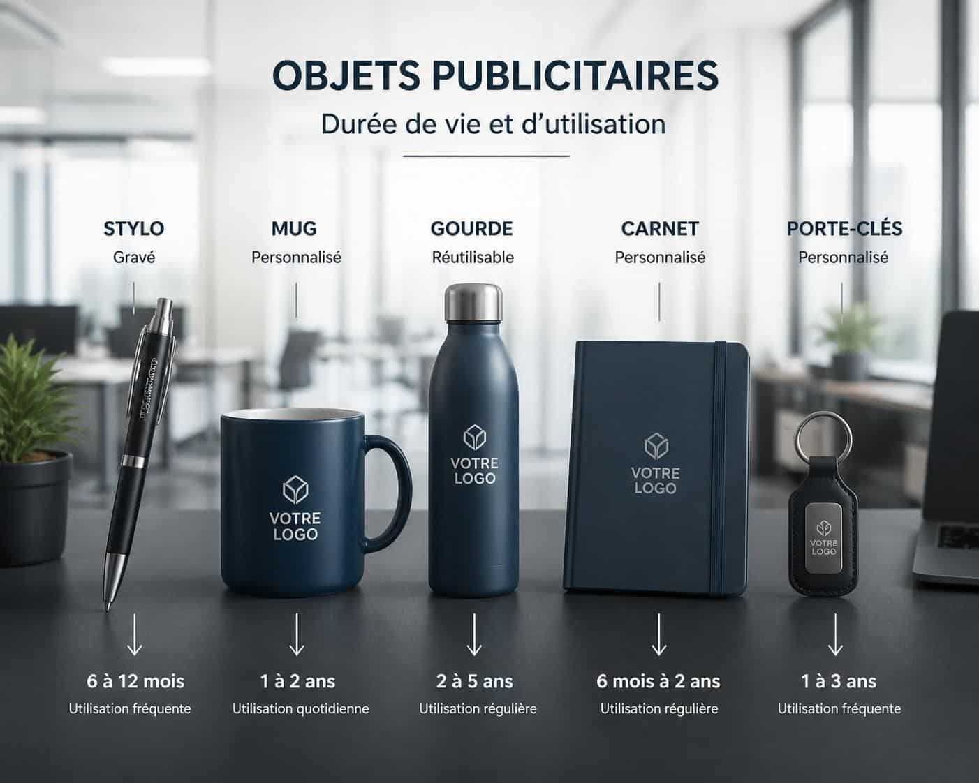 d&eacute;couvrez la dur&eacute;e de vie moyenne des objets publicitaires selon chaque cat&eacute;gorie pour optimiser vos campagnes marketing et maximiser l'impact de vos cadeaux promotionnels.